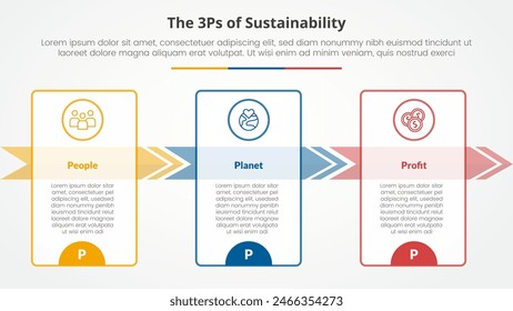 Concepto infográfico de 3P o 3Ps para presentación de diapositivas con tabla de esquema grande y dirección de flecha a la derecha con lista de 3 puntos con Vector de estilo plano