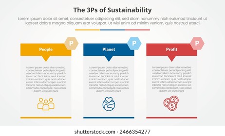 3P oder 3Ps Nachhaltigkeitsrahmen Infografik-Konzept für Diapräsentation mit großem Tischpfeil-Abzeichen mit 3-Punkt-Liste mit flacher Stil-Vektorgrafik