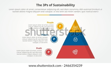 3P or 3Ps sustainability framework infographic concept for slide presentation with pyramid and circle outline point list with 3 point list with flat style vector