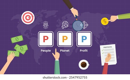 Estrutura de sustentabilidade 3p com trabalho em equipe brainstorming na mesa com mapas do mundo de fundo vista a partir do vetor superior