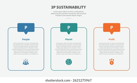 3P sustainability infographic outline style with 3 point template with round table box container and discussion header badge for slide presentation vector