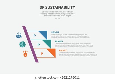 3P sustainability infographic outline style with 3 point template with sharp rectangle stairway ladder with triangle edge for slide presentation vector