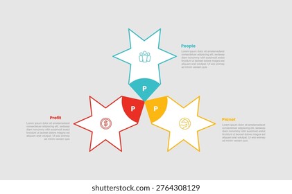 3P sustainability infographic template with star shape rocket centered center direction with 3 points information flat style vector