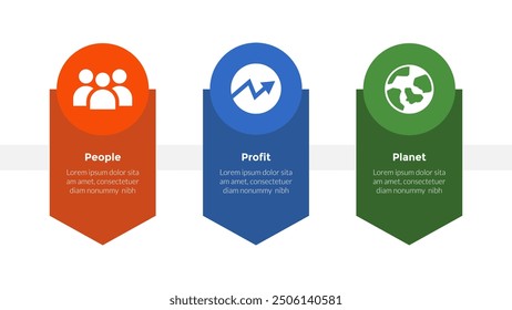 3p sustainability infographics template diagram with down arrow direction and circle top with 3 point step design for slide presentation vector