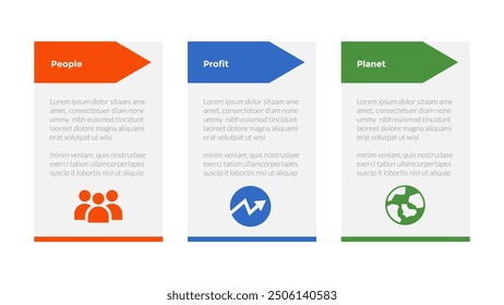 3p sustainability infographics template diagram with table and arrow header with 3 point step design for slide presentation vector