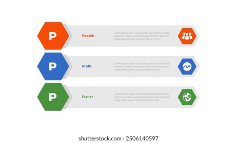 Diagrama de Plantilla de infografías de sostenibilidad 3P con forma de caja larga hexagonal con diseño de paso de 3 puntos para Vector de presentación de diapositivas