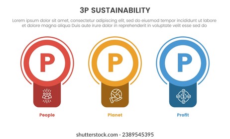 3p-Nachhaltigkeits-Triple-Bottom-Line-Infografik-3-Punkte-Bühnenvorlage mit Badkreisbanner-Form für Diavorstellung