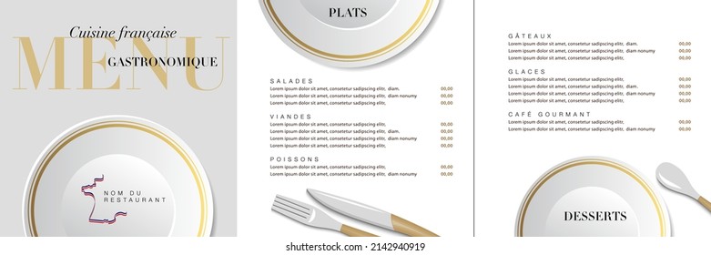 3-part menu for a French cuisine gourmet restaurant with simple and refined graphics - French text, translation: French cuisine, dishes, desserts. 