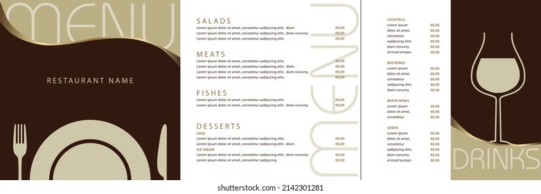 menú de 3 partes para un menú gourmet de restaurante con gráficos simples y claros. 