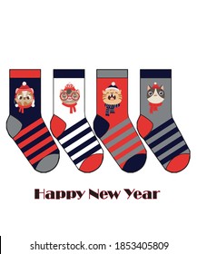 Kıds 3pc socks set. Cute animals vector images. Christmas gift socks.