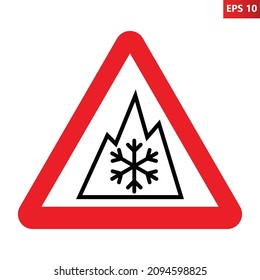 3PMSF  (Three-Peak Mountain Snow Flake) warning sign. Vector illustration of red triangle sign with snowflake inside mountain peaks. Caution symbol. Winter and all-season tires icon.