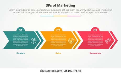 3ps marketing infographic concept for slide presentation with creative arrow horizontal block shape with 3 point list with flat style vector