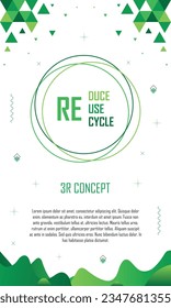 3R concept banner with geometric abstract pattern design, reduce, reuse, recycle, save the earth and nature, go green, environment day, eco friendly, copy space for text