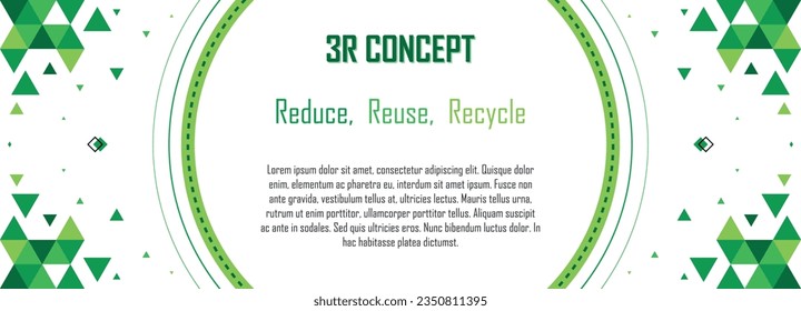 3R concept banner, geometric abstract pattern design, reduce, reuse, recycle, save the earth and nature, go green, eco friendly, waste management, environmental sustainability, copy space for text