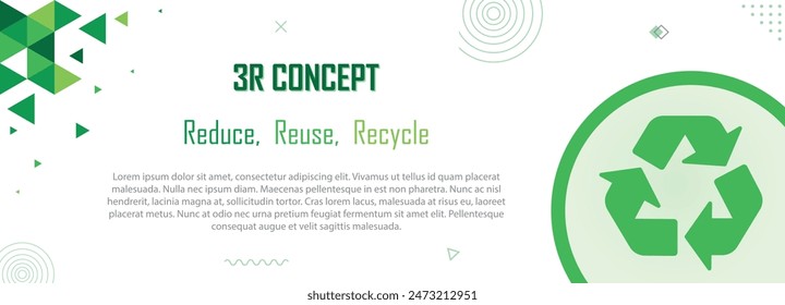 3R concept banner, geometric abstract pattern design, reduce, reuse, recycle, save the earth and nature, go green, eco friendly, waste management, environment sustainability, copy space for text