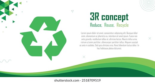 3R concept banner, reduce, reuse, recycle, save the earth and nature, go green, eco friendly, waste management, environmental sustainability, geometric abstract pattern design, copy space for text