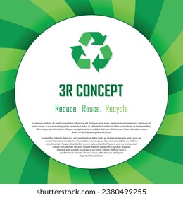 3R concept, reduce, reuse, recycle, banner with symbol, green color design, waste management, save the earth and nature, go green, environment day, eco friendly, copy space for text