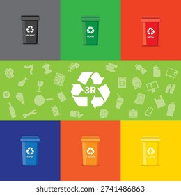 3R reduce reuse recycle concept with color coded waste bins for sustainable waste sorting and environmental protection awareness.