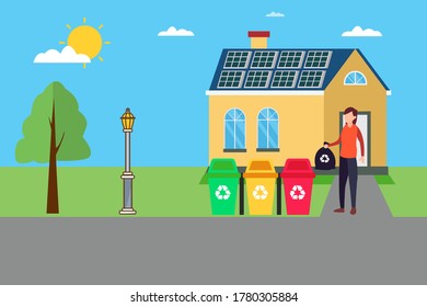 3R vector concept: woman dumping the plastic bag filled with wastes to the 3R bins