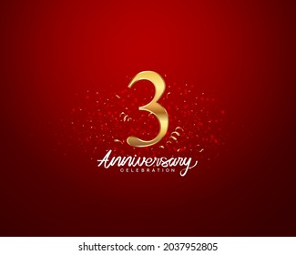3rd anniversary background with 3D number illustration golden numbers and Anniversary Celebration text with golden confetti on red background.