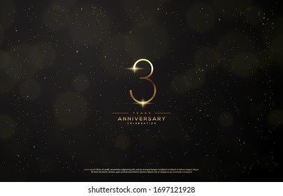 3rd anniversary background with an illustration of golden figures there is a ray of light in front of a black background.