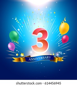3rd Anniversary with balloon, confetti, and blue background.