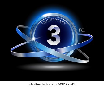 3rd anniversary with blue ring graphic elements on black background