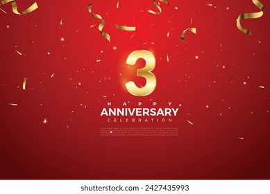 3rd Anniversary celebration, 3 Anniversary celebration On Red background for celebration event, festive illustration, Golden number 3 sparkling confetti, 3,4