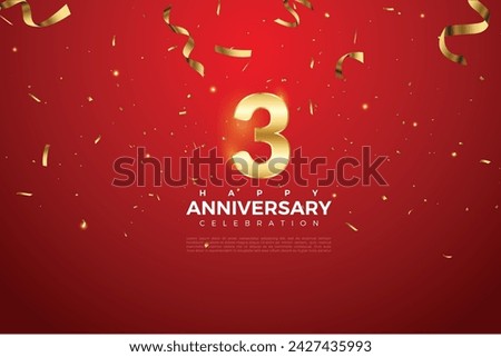 3rd Anniversary celebration, 3 Anniversary celebration On Red background for celebration event, festive illustration, Golden number 3 sparkling confetti, 3,4