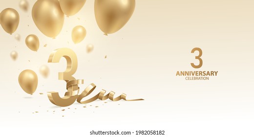 3rd Anniversary celebration background. 3D Golden numbers with bent ribbon, confetti and balloons.
