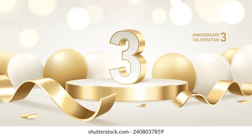 3rd Anniversary celebration background. Golden 3D numbers on round podium with golden ribbons and balloons with bokeh lights in background.