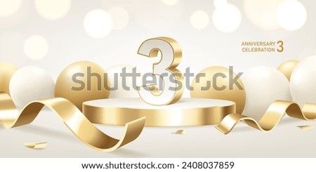 3rd Anniversary celebration background. Golden 3D numbers on round podium with golden ribbons and balloons with bokeh lights in background.
