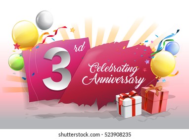 3rd anniversary celebration with colorful confetti and balloon on red background with shiny elements. design template for your birthday party.