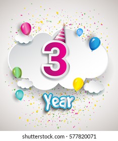 3rd Anniversary Celebration Design, with clouds and balloons, confetti. Vector template elements for your, three years birthday celebration party.