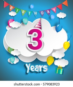 3rd Anniversary Celebration Design, with clouds and balloons, confetti. Vector template elements for your, three years birthday celebration party.