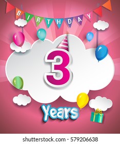 3rd Anniversary Celebration Design, with clouds and balloons. using Paper Art Design Style, Vector template elements for your, three years birthday celebration party.