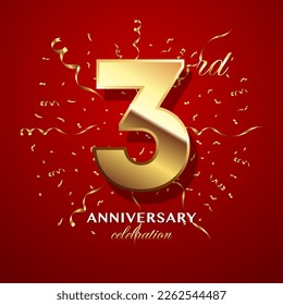 3rd Anniversary Celebration. logo design with golden numbers and text for birthday celebration event, invitation, wedding, greeting card, banner, poster, flyer, brochure. Logo Vector Template