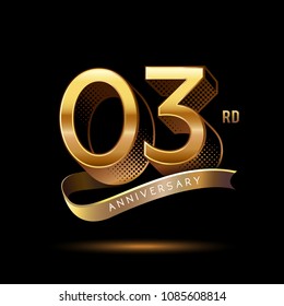 3rd Anniversary celebration logotype colored with shiny gold, using ribbon and isolated on black background