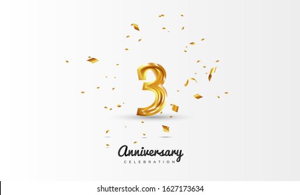 3rd Anniversary celebration Vector background by using two colors in the design between gold and white, Golden number 3 with sparkling confetti Realistic gold 3d sign. Birthday or wedding party