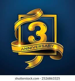 3er Aniversario diseña una cinta dorada envuelta alrededor del número '3' sobre un fondo azul oscuro. Perfecto para celebrar hitos o promover eventos de aniversario con un lujo.