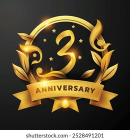 Diseño del 3er aniversario de una cinta dorada y una hoja dorada Decorado alrededor del número '3' sobre un fondo negro. Perfecto para celebrar hitos o promover eventos de aniversario con un lujo.