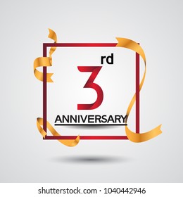 3rd anniversary design with red color in square and golden ribbon isolated on white background for celebration