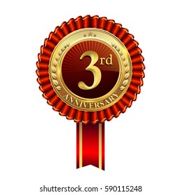 3rd anniversary golden badge with red ribbons isolated on white background, vector design for greeting card, banner and invitation card.