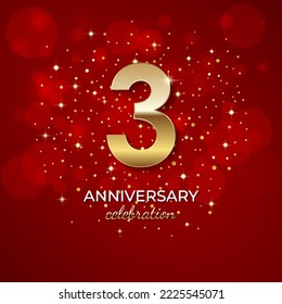 3rd Anniversary. Golden number 3 with sparkling confetti and glitters for celebration events, weddings, invitations and greeting cards. Realistic 3d sign. Vector festive illustration