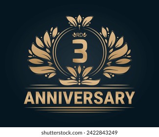 3rd Anniversary Golden Royal Design. Luxurious anniversary celebration decorative background.
