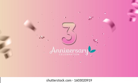 3rd anniversary. Gradient pink and yellow Numbers with sparkling confetti. Modern elegant gradient background design vector EPS 10. For wedding party or company event decoration.