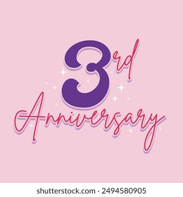 3. Jubiläum handgezeichnetes Schriftdesign auf rosa Hintergrund. 3 Jahre Jubiläumsabzeichen und Label. Hochzeit Grußkarte. Business-Geburtstagsfeier Vorlage, Banner, Poster. Drei Jahre Logo.