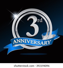 3rd anniversary logo with blue ribbon and silver ring, vector template for birthday celebration.
