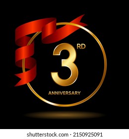 3rd Anniversary logo. Anniversary celebration template design with golden ribbon for booklet, leaflet, magazine, brochure poster, banner, web, invitation or greeting card. Vector illustrations.