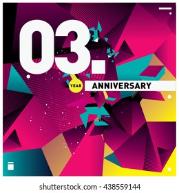 3rd anniversary logo with colorful triangle shape. Anniversary signs illustration. Vibrant colors anniversary logo with geometric shape and triangle shape